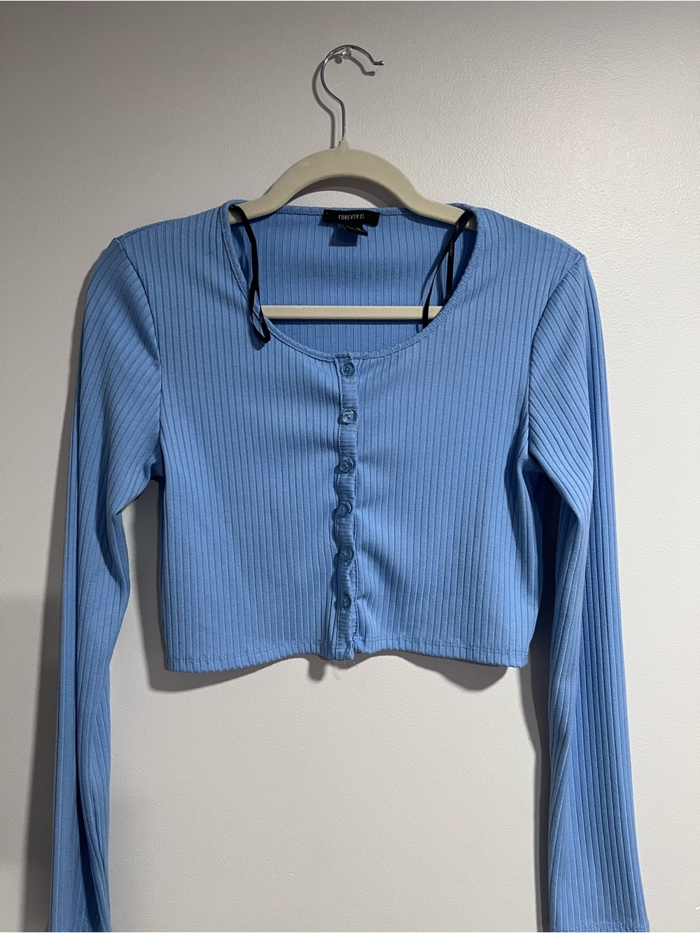 Forever 21 Sky Blue Ribbed Button-Up Crop Top